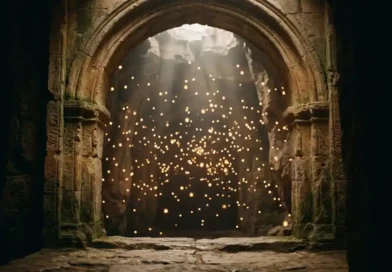 Illustration of a glowing heavenly treasury filled with soft light representing the Hebrew concept of Ğuf, the treasury of souls