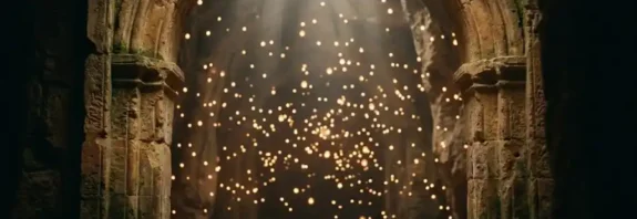 Illustration of a glowing heavenly treasury filled with soft light representing the Hebrew concept of Ğuf, the treasury of souls