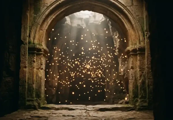 Illustration of a glowing heavenly treasury filled with soft light representing the Hebrew concept of Ğuf, the treasury of souls