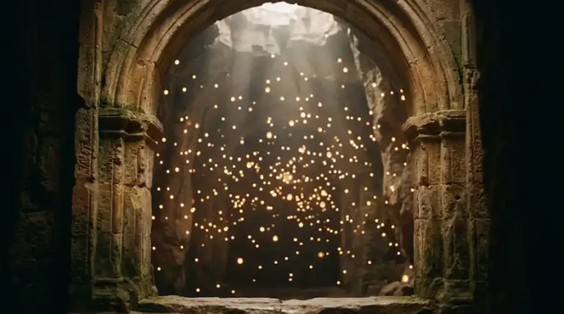 Illustration of a glowing heavenly treasury filled with soft light representing the Hebrew concept of Ğuf, the treasury of souls