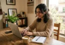 A person using free ChatGPT on a laptop in a bright home office, 2026