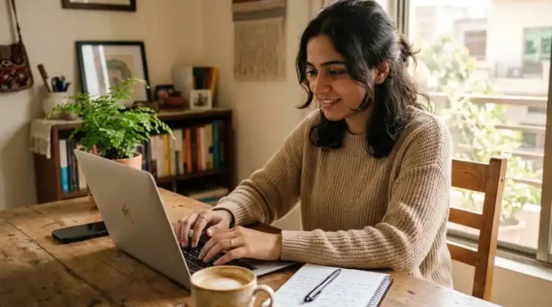 A person using free ChatGPT on a laptop in a bright home office, 2026